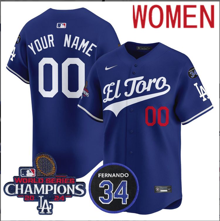 Women MLB Los Angeles Dodgers Custom blue 2024 World Series Champions Patch Cooperstown Jersey style 2->customized mlb jersey->Custom Jersey